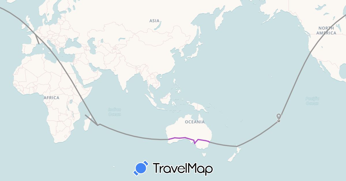 TravelMap itinerary: driving, plane, train in Australia, France, Mauritius, New Zealand, United States (Africa, Europe, North America, Oceania)